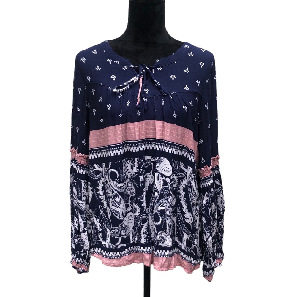 Knox Rose Navy & Pink Printed Top size Large